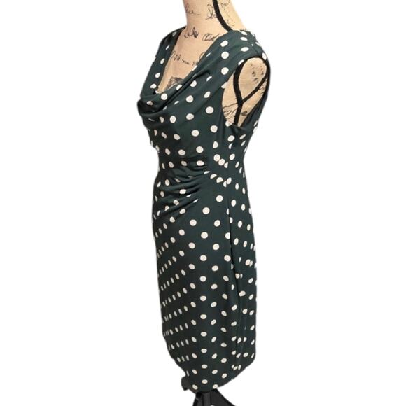 Connected Apparel Green Ivory Polka Dot Stretch Sheath Drape Neck Dress Size 10 - Picture 2 of 9